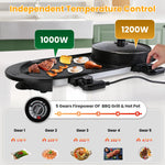 2200W  2 In 1 Electric Hot Pot With BBQ Grill Cooker Smokeless Non-Stick Korean BBQ Grill Shabu Shabu Hot Pot With Independent Temperature Control 5 Gears Firepower For 2-10 People